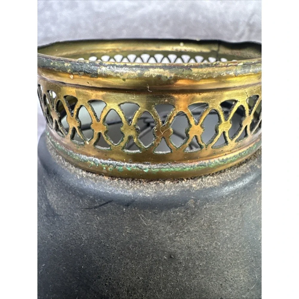 Vintage Black Metal Tole Lampshade Brass Filigree top 7.25
